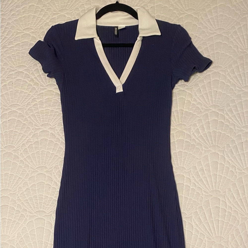Ribbed Navy V-Neck Collared Midi Dress